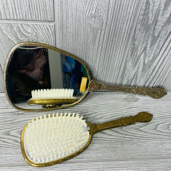 Rare 1950s Matson Vanity Hand Mirror Hair Brush Set rose flower 24k Gold Plated - Picture 10 of 16